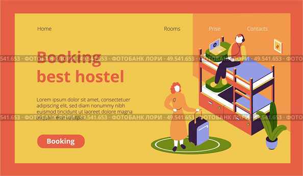 Isometric website page with hostel guests with luggage in dormitory 3d vector illustration. Стоковая иллюстрация, агентство Ingram Publishing / Фотобанк Лори