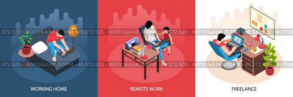 Isometric working home design concept with text captions and characters of self-employed persons at home vector illustration. Стоковая иллюстрация, агентство Ingram Publishing / Фотобанк Лори