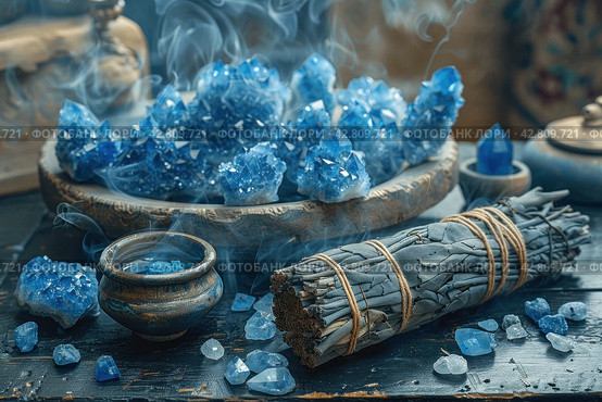 Items that are often associated with meditation, esotericism or relaxation practices. In the center of the frame is a wooden bowl filled with bright blue crystals, likely lapis lazuli stones. To the left of the bowl are bundles of cloth and herbs, similar to resins or smoking sticks, that can be used for space cleansing or aromatherapy. Smoke from the resin floats above the bowl, giving the scene a mystical atmosphere. The background is made up of antique vases and natural wood, which emphasizes the naturalness and traditionality of the scene. Стоковое AI-изображение, AI-художник Анна Кривицкая / Фотобанк Лори