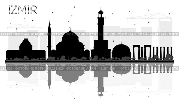 Izmir Turkey City Skyline Black and White Silhouette with Reflections. Стоковая иллюстрация, иллюстратор Игорь Сорокин / Фотобанк Лори