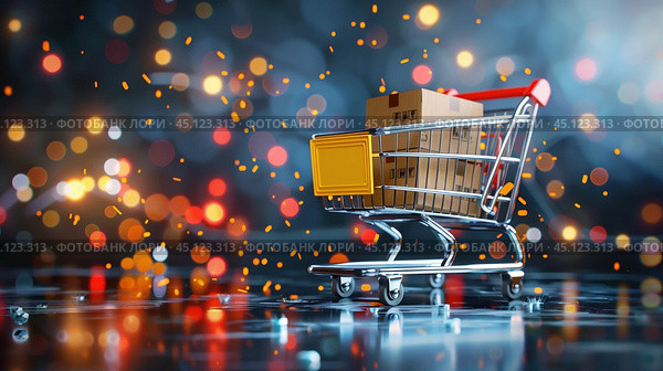 Изображение покупательской тележки и магазина. Стоковое AI-изображение, AI-художник Александр Жуков / Фотобанк Лори