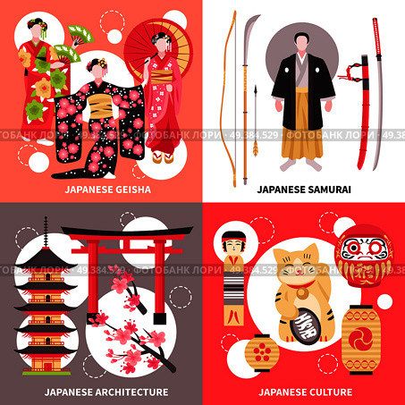 Japanese ancient culture architecture 4 flat icons concept with gate samurai geisha maneki neko cat vector illustration    . Ancient Japan Flat Concept . Стоковая иллюстрация, агентство Ingram Publishing / Фотобанк Лори