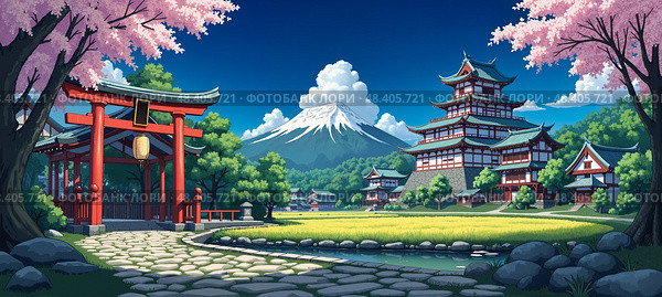 Japanese landscape featuring historic temple. Стоковое AI-изображение, AI-художник Андрей Ка / Фотобанк Лори