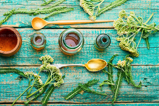 Jar of yarrow tincture on wooden table.Medicine made from healing herbs.Herbalism and homeopathic. Yarrow in herbal medicine,achillea millefolium. Стоковое фото, агентство Ingram Publishing / Фотобанк Лори
