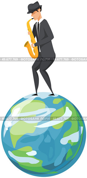 Jazz musician saxophone player with sax stands on white background. Vector man in suit playing musical instrument. Saxophonist playing on blowing musical instrument jazzman, brass orchestra concert. Jazz musician saxophone player with sax in costume. Vector man in suit playing musical instrument. Стоковая иллюстрация, агентство Ingram Publishing / Фотобанк Лори