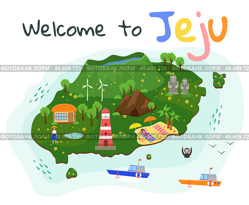 Jeju travel map. Fun in uninhabited territory. Beach resort on the island. People are resting and having fun abroad. Tourists swim and sunbathe. Postcard for advertising tourist island Jeju. Jeju island travel map. Fun in uninhabited territory. Main attractions of the south korean resort. Стоковая иллюстрация, агентство Ingram Publishing / Фотобанк Лори