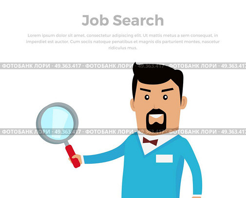Job Searching Concept Flat Vector Illustration. Job search concept banner. Job offer. Open vacancy vector illustration in flat style design. Boss in business suit holding a sheet with the words job on blue background. Recruiter professional. Стоковая иллюстрация, агентство Ingram Publishing / Фотобанк Лори