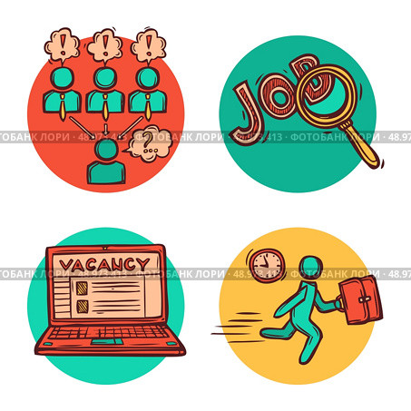 Job vacancy search personnel recruitment strategy concept flat icons with candidate interview  composition abstract isolated vector illustration. Стоковая иллюстрация, агентство Ingram Publishing / Фотобанк Лори