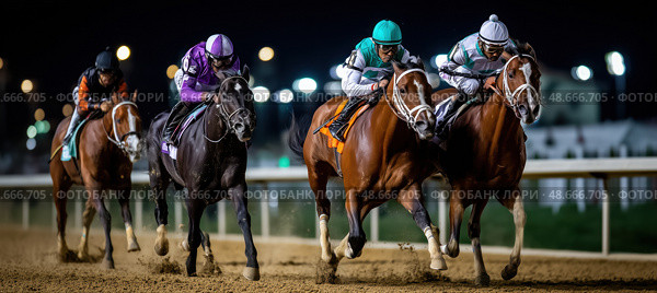 Jockeys riding horses during night horse race at hippodrome. Стоковое AI-изображение, AI-художник Юрий Поздников / Фотобанк Лори