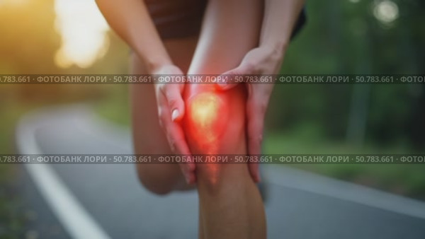 Joint problems and tendon inflammation. Sporty woman who suffered a knee accident during the run. Стоковое AI-видео, аниматор Sergey Grishin / Фотобанк Лори