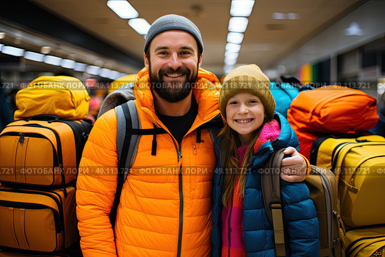 Journey of Dreams: A Man and a Little Girl Embark on an Adventure With Luggage. Стоковое AI-изображение, AI-художник Данила Большаков / Фотобанк Лори