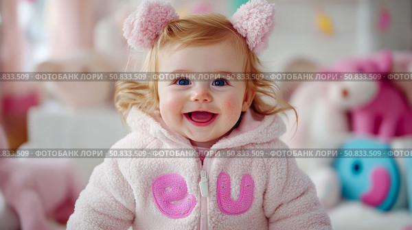 Joyful Childhood: A Radiant Baby Girl's Portrait in Soft Pink Attire, Perfect for Children's product promotion. Стоковое AI-изображение, AI-художник Данила Большаков / Фотобанк Лори