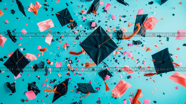 Joyful Graduation Celebration: Tossing Caps and Confetti on Blue, Design for card, poster. Стоковое AI-изображение, AI-художник Данила Большаков / Фотобанк Лори