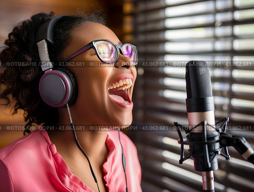 Joyful Singer Recording in Studio. Стоковое AI-изображение, AI-художник Кирилл Черезов / Фотобанк Лори
