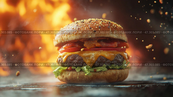 Juicy hamburger with bacon and cheese under dramatic flames. Аппетитный гамбургер с сыром чеддер, хрустящим беконом, свежим салатом и спелыми помидорами изображен на огненном фоне, подчеркивающем его аппетитную привлекательность. Стоковое AI-изображение, AI-художник Katsiaryna Repich / Фотобанк Лори