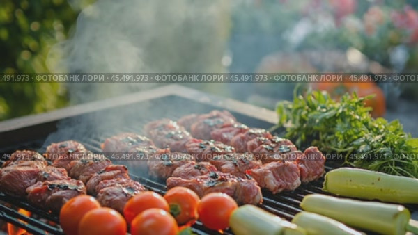 Juicy steaks and vegetables sizzling on backyard grill. Стоковое AI-видео, аниматор Юрий Поздников / Фотобанк Лори