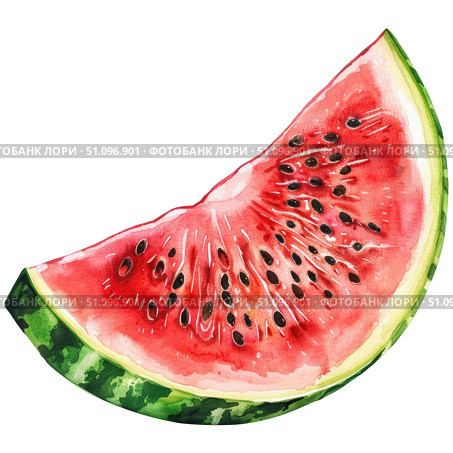 Juicy watermelon slice painted in fresh watercolor, isolated on white background. Vibrant summer fruit illustration with seeds and rind texture details. Стоковое AI-изображение, AI-художник Светлана Леуто / Фотобанк Лори