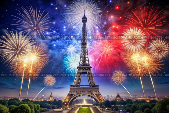 July 14th is the National Day of France. The national flag of France on the background of the Eiffel Tower. Fireworks, fireworks on the background of the night sky. Tricolour. Стоковое AI-изображение, AI-художник Photojuli / Фотобанк Лори