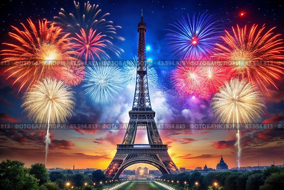 July 14th is the National Day of France. The national flag of France on the background of the Eiffel Tower. Fireworks, fireworks on the background of the night sky. Tricolour. Стоковое AI-изображение, AI-художник Photojuli / Фотобанк Лори