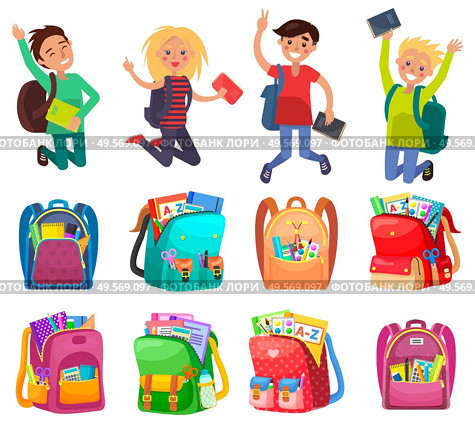 Jumping pupils with backpack, school bag with pen and pencil, paints and tassel, notebook sign. Smiling girl and boy, education element, classmates vector. Back to school concept. Flat cartoon. Classmates and Backpack, School Object Vector. Стоковая иллюстрация, агентство Ingram Publishing / Фотобанк Лори