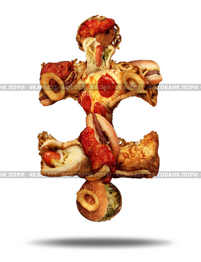 Junk food puzzle and eating greasy high cholesterol snacks symbol as a group of fried meal itemsshaped as a jigsaw puzzle pieceon a white background as an unhealthy lifestyle icon. Стоковое фото, агентство Ingram Publishing / Фотобанк Лори