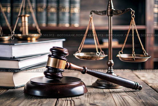 Justice and the law. A wooden hammer, books and scales on the table. The court session. Стоковое AI-изображение, AI-художник Photojuli / Фотобанк Лори