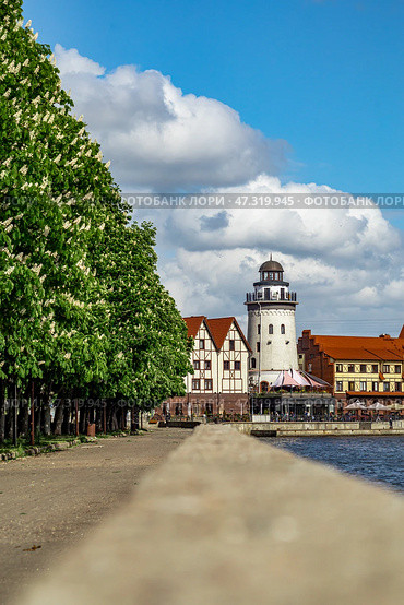 Kaliningrad, Kaliningrad region, Russia, May 14, 2022. view from Kant Island to the Lighthouse and the fishing village. Редакционное фото, фотограф Наталья Симакова / Фотобанк Лори
