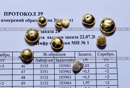 Капли золота, полученные в лабораторных условиях из обогащенной золотосодержащей руды на месторождении "Бадран". Восточная Сибирь, Республика САХА (Я), Оймяконский район (2010 год). Редакционное фото, фотограф Павел Просянов / Фотобанк Лори