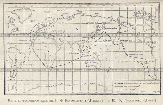 Карта кругосветного плавания И.Ф. Крузенштерна ("Надежда") и Ю.Ф. Лисянского ("Нева") Стоковая иллюстрация, иллюстратор Retro / Фотобанк Лори