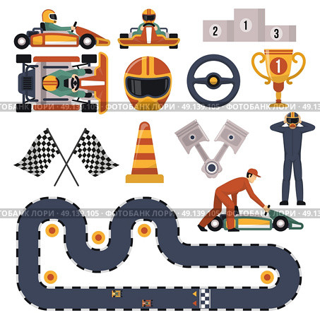 Karting Motor Race Set. Flat design karting motor race track apparel equipment and drivers set isolated on white background vector illustration. Стоковая иллюстрация, агентство Ingram Publishing / Фотобанк Лори