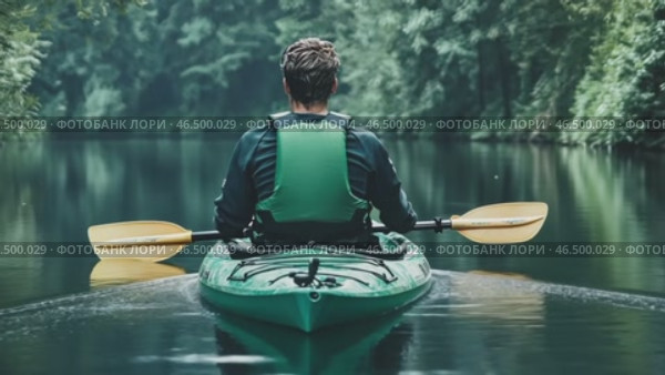 Kayaker paddling on calm river in lush green forest. Стоковое AI-видео, аниматор Юрий Поздников / Фотобанк Лори