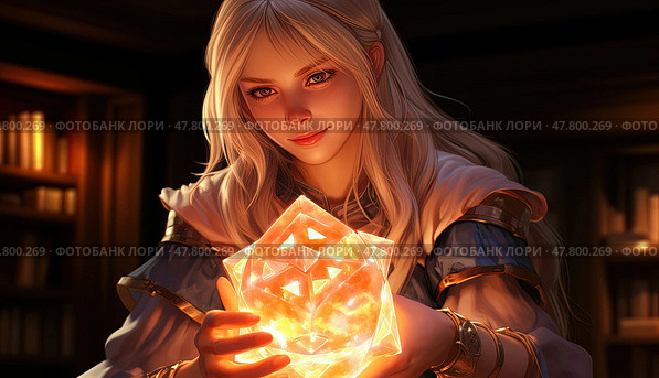 Keen woman is holding a crystal ball in her hands, looking intently at it. Стоковое AI-изображение, AI-художник Данила Большаков / Фотобанк Лори