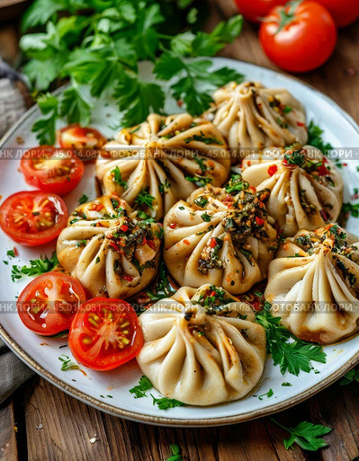 Khinkali with a spicy eggplant filling. Enjoy your meal! Стоковое AI-изображение, AI-художник Сергей Елизарьев / Фотобанк Лори
