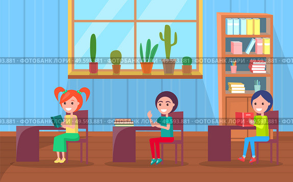 Kids on lesson vector, children sitting by desks with books and supplies. Back to school concept, flat cartoon classroom interior with bookcase and plant decoration. Kindergarten Room Kids Learning Material Vector. Стоковая иллюстрация, агентство Ingram Publishing / Фотобанк Лори