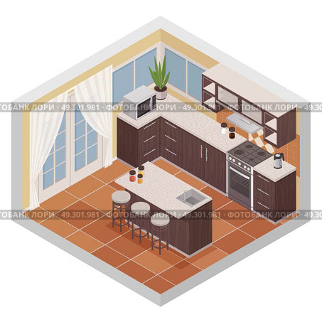 Kitchen Interior Isometric Composition . Kitchen interior isometric composition with bar stand oven microwave and shelves for kitchenware flat vector illustration   . Стоковая иллюстрация, агентство Ingram Publishing / Фотобанк Лори