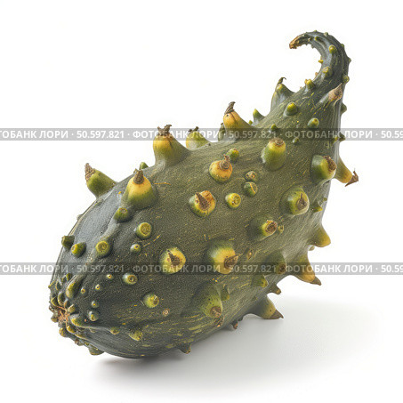 Kiwano fruit with horned rind resting on white background. Стоковое AI-изображение, AI-художник Иван Рябоконь / Фотобанк Лори