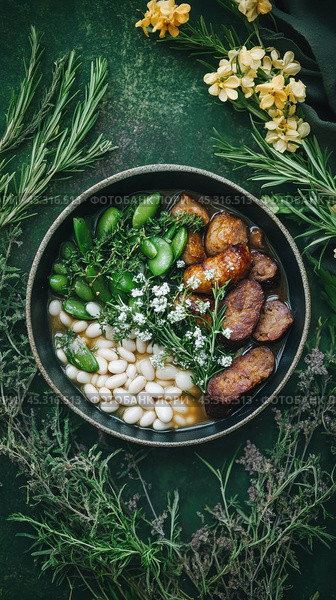 Классическое французское кассуле с колбасками, белой фасолью и зеленью. Стоковое AI-изображение, AI-художник ФотоИнтеллект / Фотобанк Лори