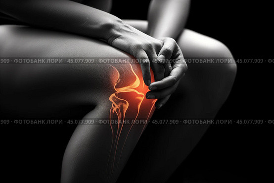 Knee pain, joint inflammation, bone fracture, woman suffering from osteoarthritis, leg injury, arthritis and degenerative changes, black background. Стоковое AI-изображение, AI-художник Станислав Тарко / Фотобанк Лори