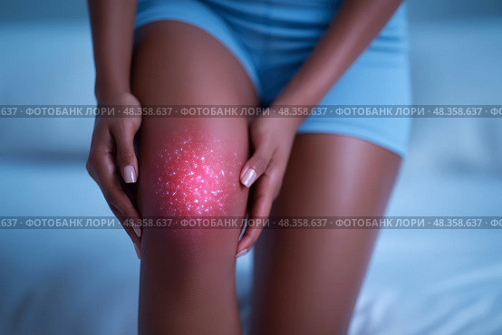 Knee pain, joint inflammation, bone fracture, woman suffering from osteoarthritis, leg injury. Стоковое AI-изображение, AI-художник Станислав Тарко / Фотобанк Лори
