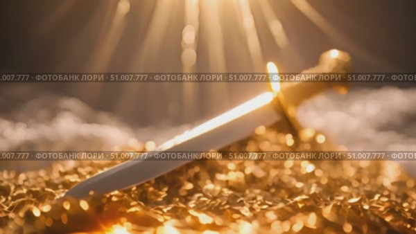 Knife resting on top of a stack of shiny gold bars, glinting under the light. Стоковое AI-видео, аниматор Данила Большаков / Фотобанк Лори