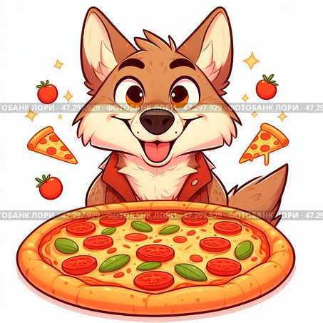 Койот с пиццей в лапах. Coyote with pizza in his paws. Стоковое AI-изображение, AI-художник Igor Murashko / Фотобанк Лори