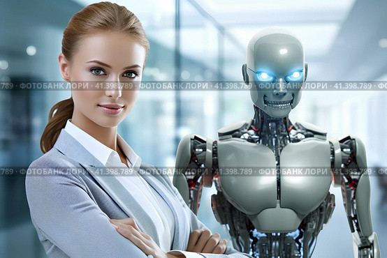 Коллеги. Молодая женщина и робот. Generative AI. Стоковое AI-изображение, AI-художник Щеголева Ольга / Фотобанк Лори