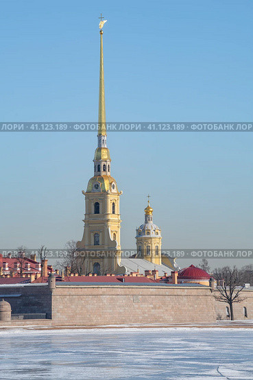 Колокольня Петропавловского собора со стороны Трубецкого бастиона мартовским днем. Санкт-Петербург (2023 год). Стоковое фото, фотограф Виктор Карасев / Фотобанк Лори