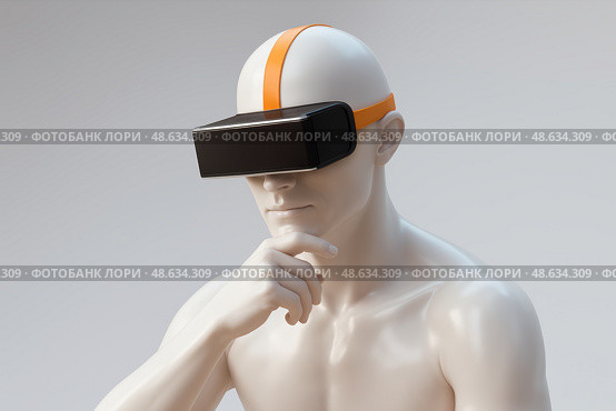 Концептуальный 3D-рендер мужской фигуры с минималистичным дизайном, изображающей человека, погружённого в виртуальную реальность. Фигура держит руку у подбородка в позе размышления, на голове — чёрная VR-гарнитура с оранжевыми ремнями. Светлая, нейтральная цветовая палитра и мягкое освещение создают футуристическую и технологичную атмосферу. Изображение идеально подходит для коммерческого использования в рекламе, баннерах, статьях на тему виртуальной реальности, технологий будущего, кибер-пространства и цифровой трансформации. Стоковое AI-изображение, AI-художник Sergey Starostin / Фотобанк Лори
