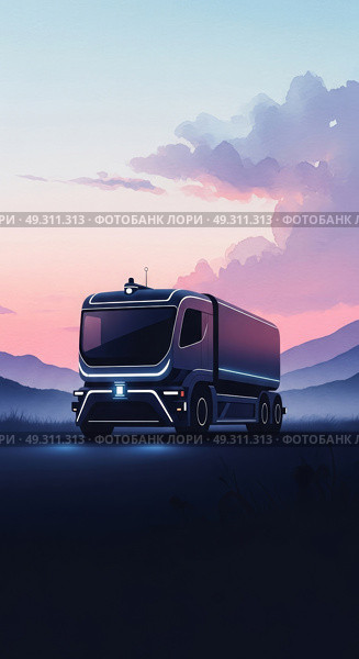 Концептуальный акварельный рисунок автономного грузовика в стиле цифровой живописи, демонстрирующий будущее грузоперевозок на фоне горного пейзажа. Редакционное AI-изображение, AI-художник Ирина Першина / Фотобанк Лори