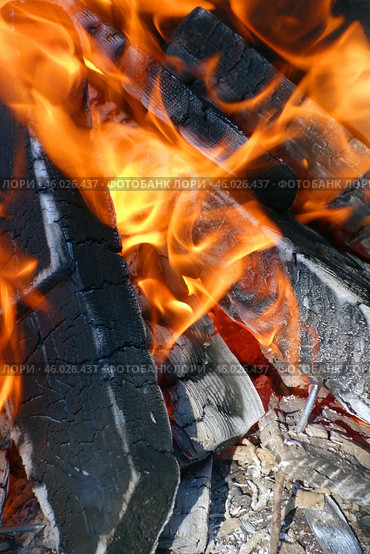 Костровище, горящее полено, пламя и угли. A bonfire, a burning log, flames and coals. Стоковое фото, фотограф Татьяна Д / Фотобанк Лори