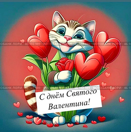 Кот с сердцами-валентинками. День Святого Валентина. День всех влюблённых. 14 февраля. Валентинки. Стоковое AI-изображение, AI-художник Галина Сячина / Фотобанк Лори