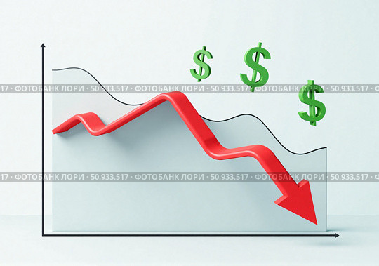Красная стрелка графика, показывающая снижение курса доллара. A chart arrow showing the decline in the dollar exchange rate. Стоковое AI-изображение, AI-художник Смирнова Светлана / Фотобанк Лори