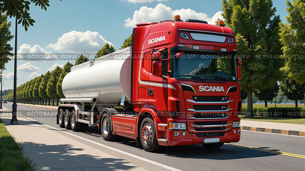 Красный грузовик Scania с цистерной на дороге в дневное время / Red Scania truck with tank on road during daytime. Редакционное AI-изображение, AI-художник Валерий Лукин / Фотобанк Лори