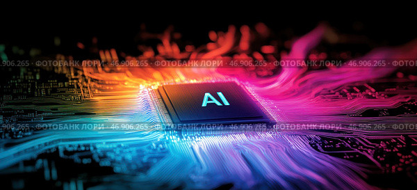 Красочный компьютерный чип с буквами AI на нем. Стоковое AI-изображение, AI-художник Ярославский Максим / Фотобанк Лори